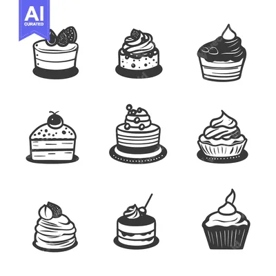 Nine different designs illustrating desserts like cakes and cupcakes