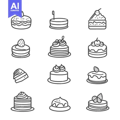 Aset desain premium: Several simple illustrations of delicious cakes in different styles