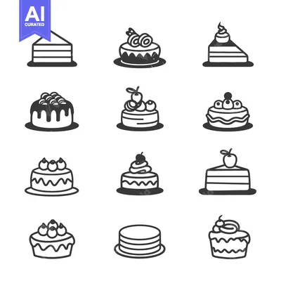 Aset desain premium: Various illustrations showing different stylized cakes and cake slices