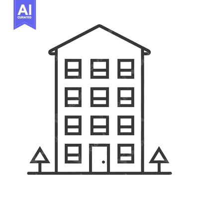 Aset desain premium: A black and white linear illustration of a multi story building