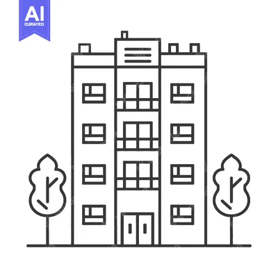 Aset desain premium: A simple monochrome line drawing of a multi story apartment building