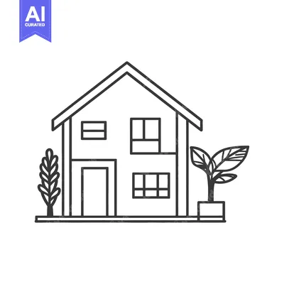 Aset premium populer: A simple black and white illustration of a house with plants
