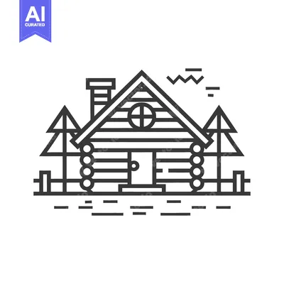 Aset desain premium: A simple illustration of a cabin within a natural landscape