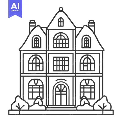 Aset desain premium: A stylized black and white illustration of a large house
