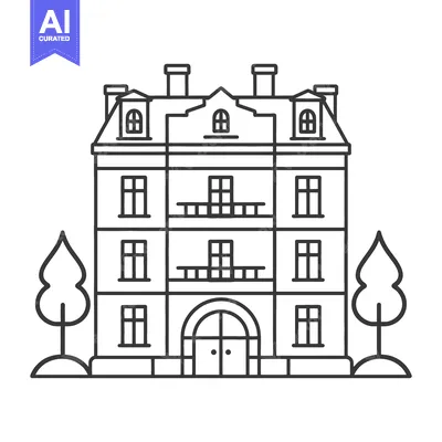 Aset desain premium: A detailed black and white architectural drawing of a classic building
