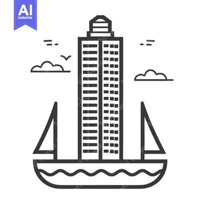 Aset desain premium: Vector illustration features a high building with two sailboats on wat