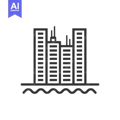 Aset desain premium: Several tall buildings are illustrated above wavy lines representing w