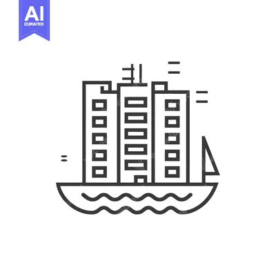 Premium design asset: Graphic illustration depicts buildings on a boat floating on water