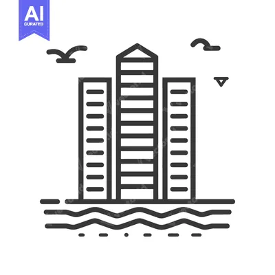 Iconic buildings near the sea with flying bird silhouettes in the sky