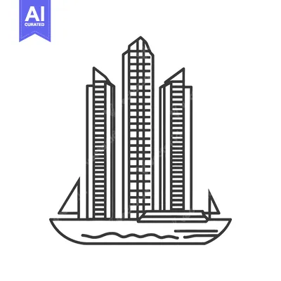 Aset desain premium: Three skyscrapers and a sailboat rendered in black and white