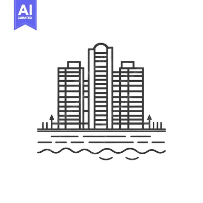 Aset desain premium: A monochrome architectural line drawing of urban buildings and water