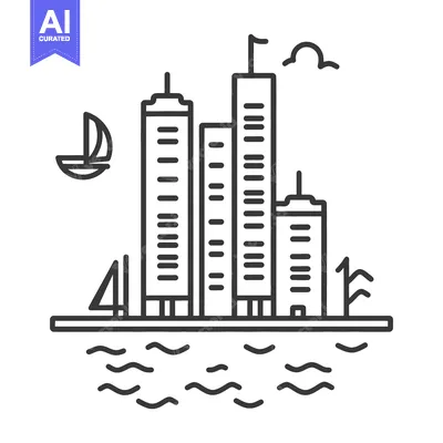 Aset desain premium: A minimalist line drawing showing a cityscape on the water