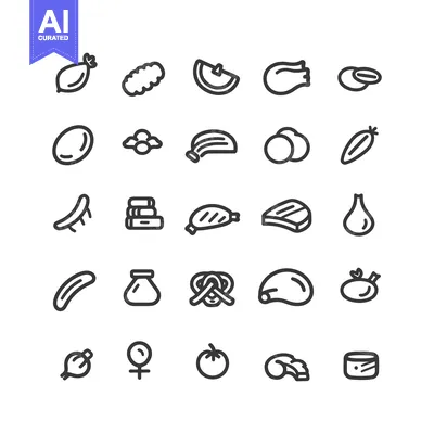 Aset desain premium: Simple black and white outlines depicting food items and icons