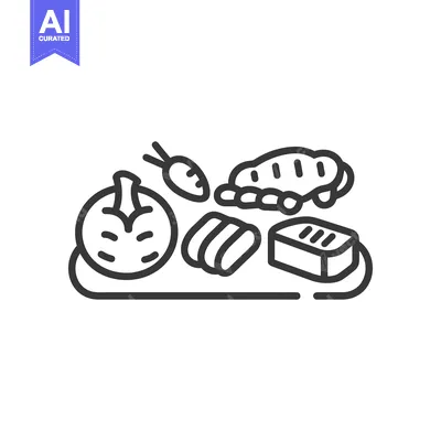 Aset desain premium: Simple black and white line art depicting various food items
