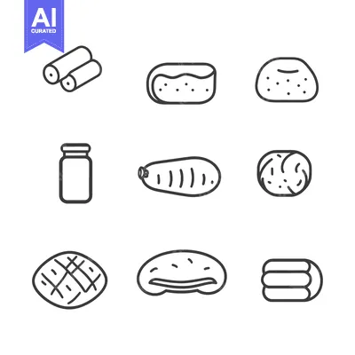 Aset desain premium: Various food icons featuring vegetables bakery items and a container