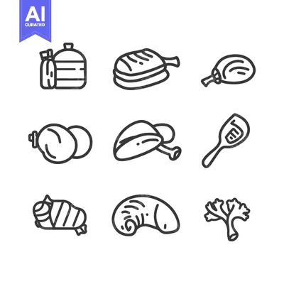 Aset desain premium: An illustration displaying various food items as line art graphics