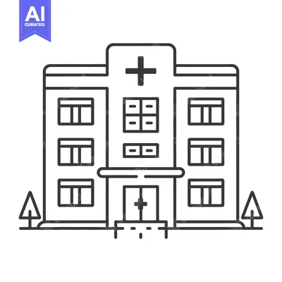 A simple black and white illustration of a medical building