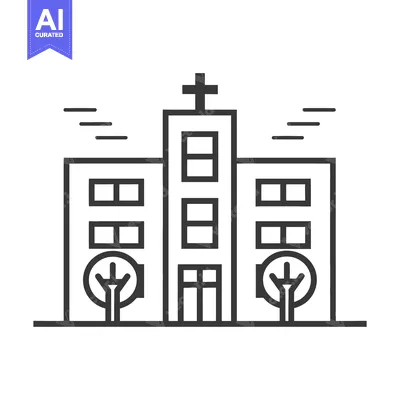 Premium design asset: Simple black and white illustration of a building with a cross