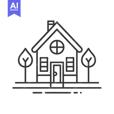 Aset desain premium: Simple line art illustration depicting a house with trees