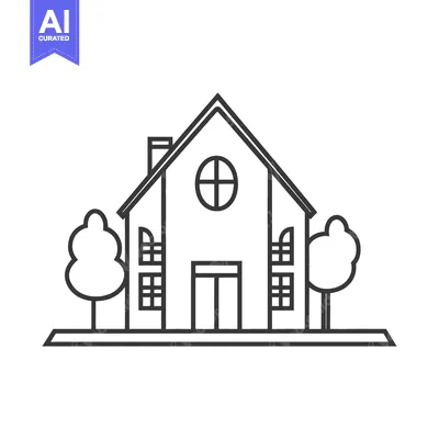 Aset premium populer: A simple outlined illustration of a house and two trees