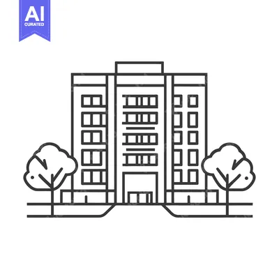 Aset desain premium: A simple black and white illustration depicts a tall building with tre