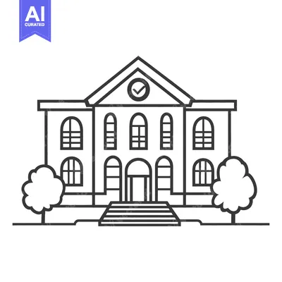 A black and white outline illustration of a stately building