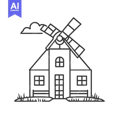 Aset premium populer: A stylized drawing of a windmill and house structure