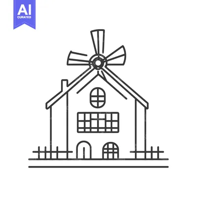 Aset premium populer: A simple black line drawing of a house with a windmill