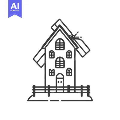 Aset desain premium: A simple black and white illustration of a countryside windmill
