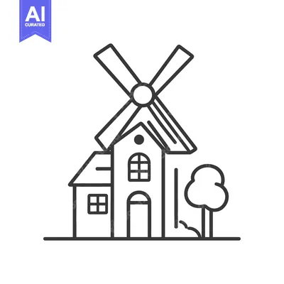 Premium design asset: A black and white illustration depicting a traditional windmill