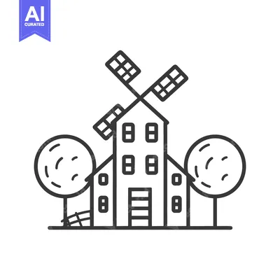 Aset desain premium: Black and white illustration depicting a windmill and surrounding elem
