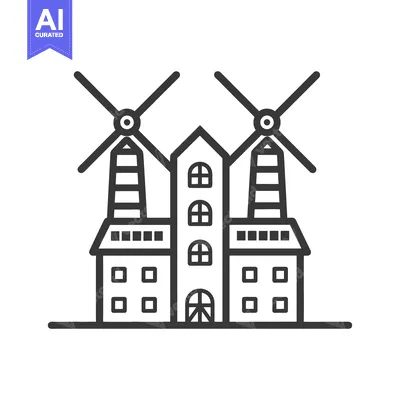 Aset desain premium: A simple black and white illustration of two windmills and buildings