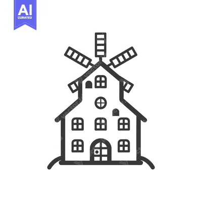 Aset premium populer: A stylized black and white illustration of a windmill building