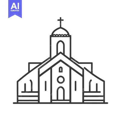 Aset desain premium: A simple illustrated monochrome line drawing of a church building
