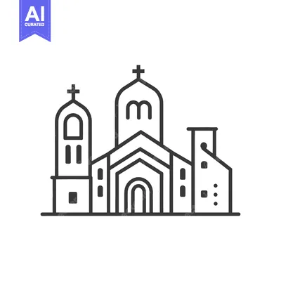 An outlined vector graphic illustration of a religious building