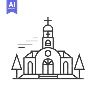 Detailed outline illustration of a building with a steeple and cross
