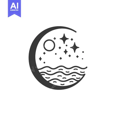 Aset desain premium: A crescent moon contains celestial bodies above the wavy ocean
