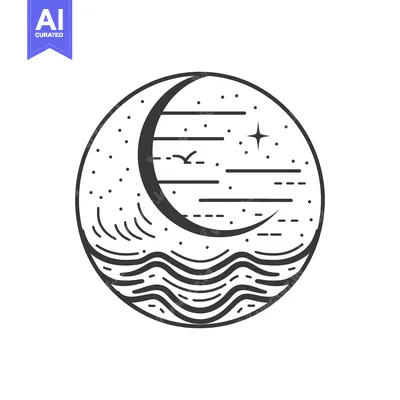 Aset desain premium: A stylized illustration of a crescent moon and ocean scene