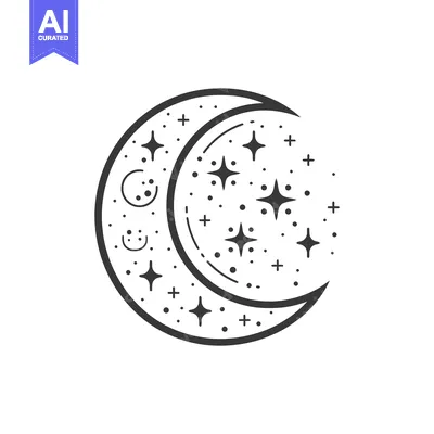 Premium design asset: A stylized crescent moon decorated with stars and celestial symbols