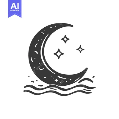 Aset desain premium: A crescent moon with stars above water waves illustration