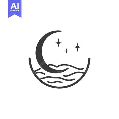 Popular premium asset: Dark crescent moon with three stars above wavy ocean art
