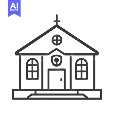 A simple black and white icon depicting a small church building