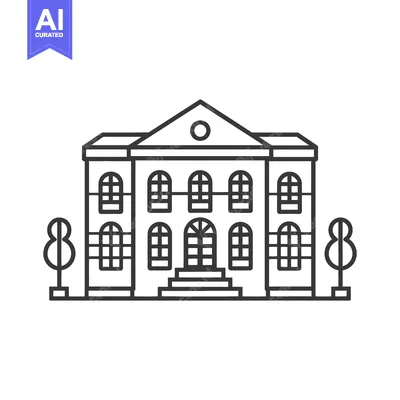 Premium design asset: A symmetrical building with windows and two stylized trees illustrated