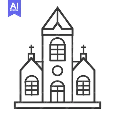 A simple line drawing showing the facade of a church building