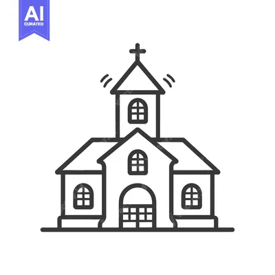 A simple black and white illustration depicts a church building