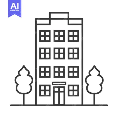 Aset desain premium: A tall residential apartment building with trees on either side
