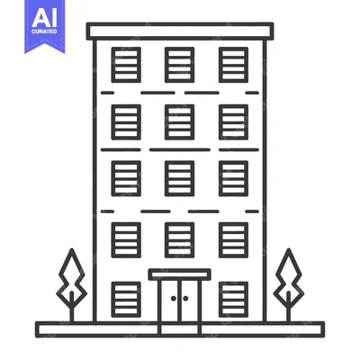 Aset premium populer: An illustrated black and white tall building with windows and trees