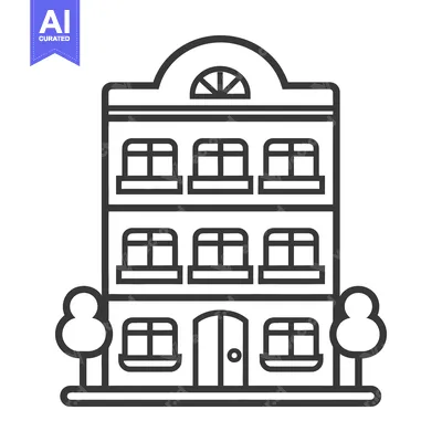 Aset premium populer: A tall building with many windows and two trees nearby