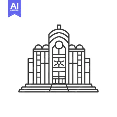 A symmetrical line drawing depicts a building with steps and domes