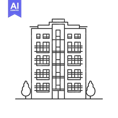 Aset desain premium: A black and white line drawing of a tall building